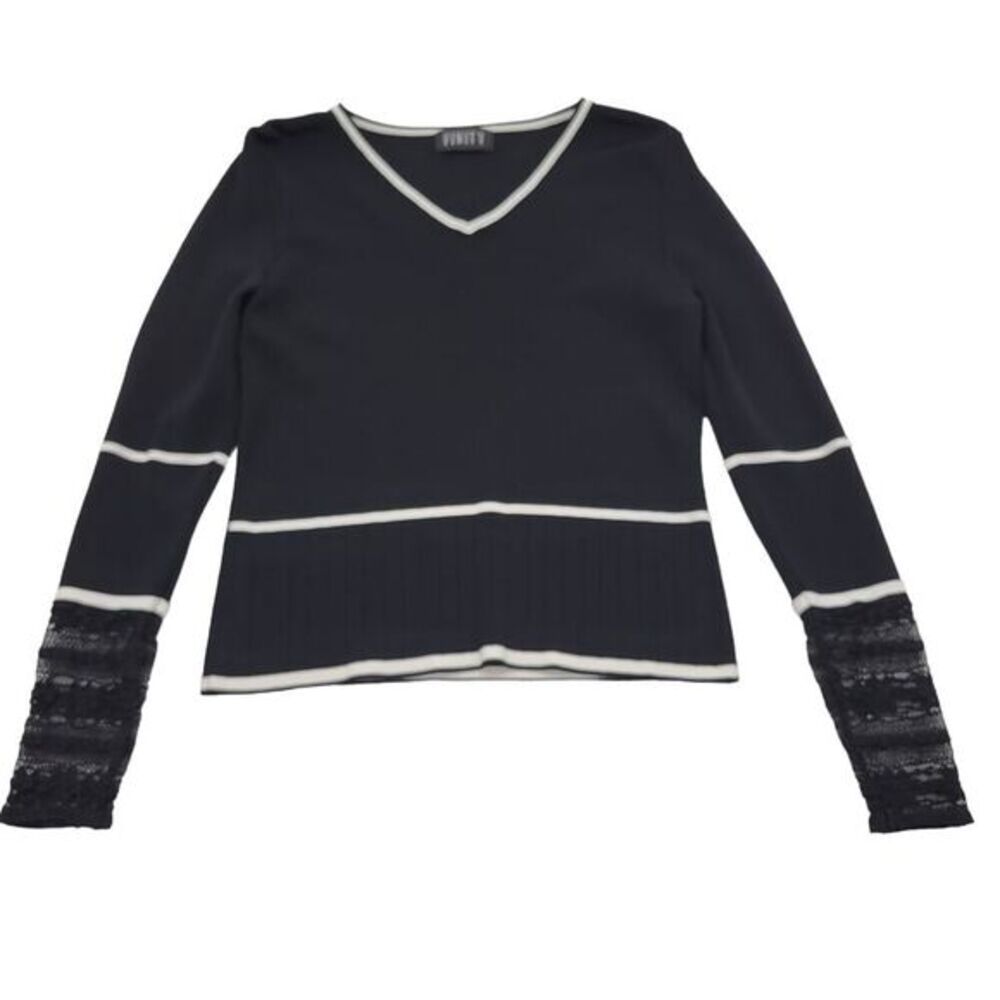 Finity Sweater White Stripes & Lace on Sleeve V-Neck‎ Sz (S-M) UNMARKED